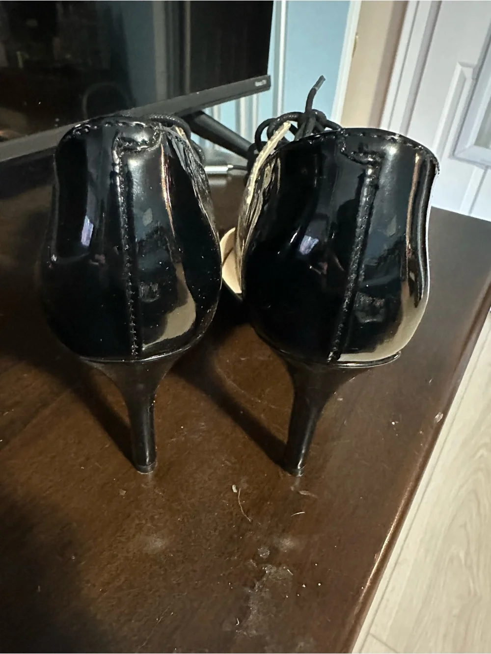 Nine West Black Patent Pointed-Toe Lace-Up Pumps with Snake-Print Panel Accent